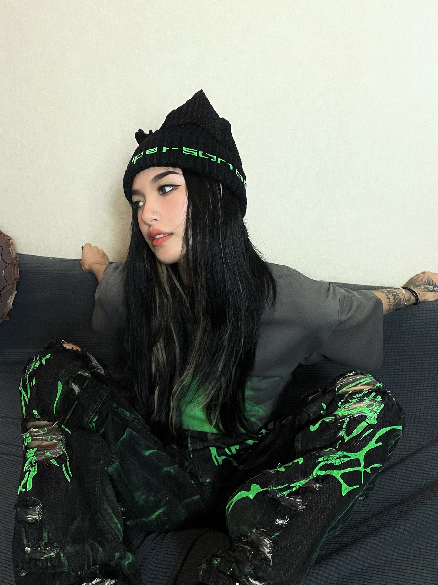 Print Cat Ear Knit Hat WN15751