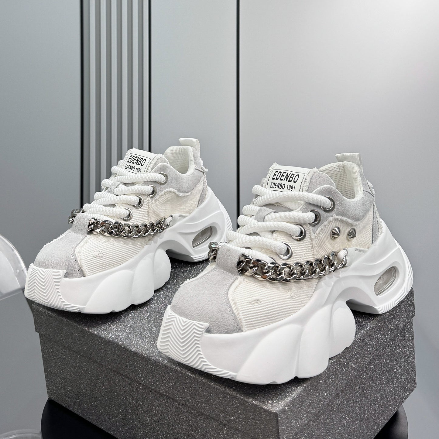 Denim Chain Studs Chunky Sole Sneakers WN24582