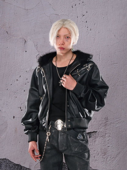 Studs Cross Zip PU Leather Jacket WN26671