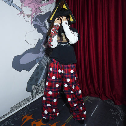 Plaid Polka Dot Drawstring Wide Leg Pants WN27378
