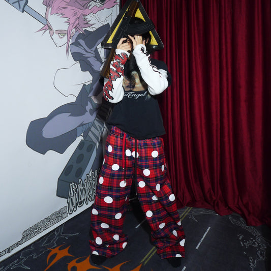 Plaid Polka Dot Drawstring Wide Leg Pants WN27378