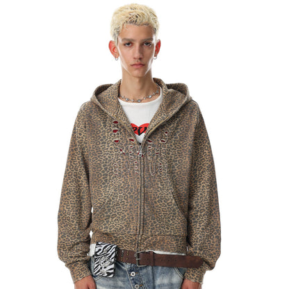 Leopard Cutout Damage Letter Zipper Hoodie WN28110