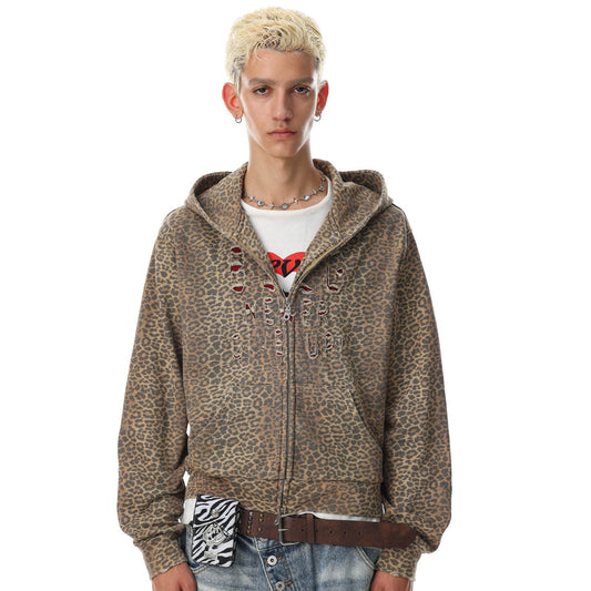 Leopard Cutout Damage Letter Zipper Hoodie WN28110