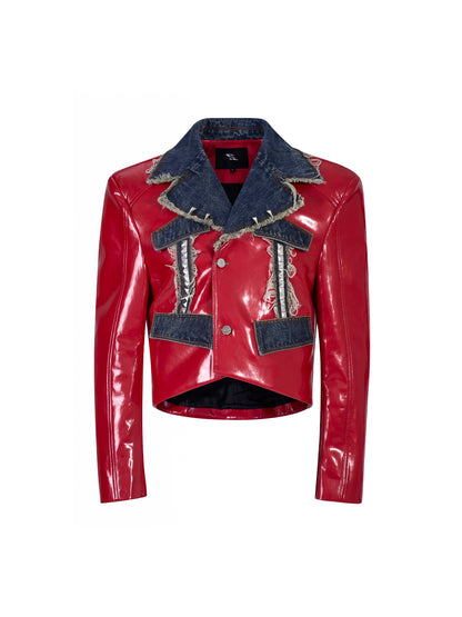 Studs Denim Mix PU Leather Jacket &  Flare PU Leather Pants Setup WN21761