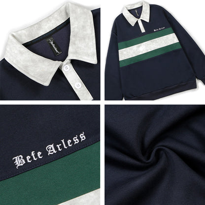 Washed Patchwork Colorblock Long Sleeve Polo Shirt & Sporty Pants Setup WN18568