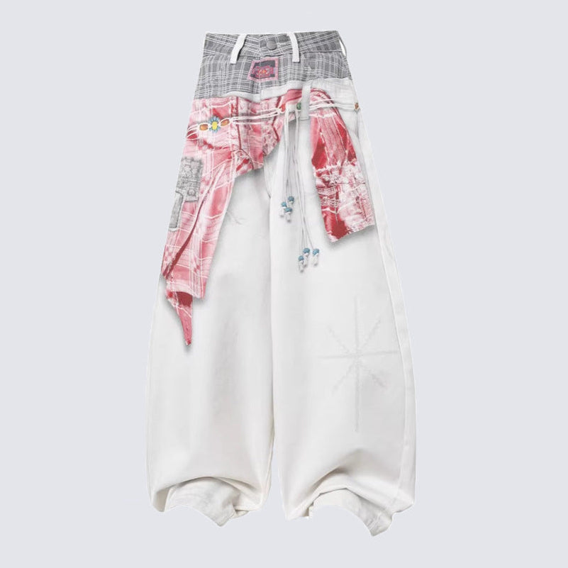 Plaid Deconstructed Drawstring Wide Leg Denim Jeans WN28043