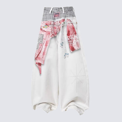Plaid Deconstructed Drawstring Wide Leg Denim Jeans WN28043