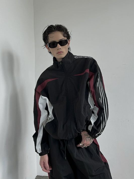 Stripe High-Neck Nylon Jacket & Drawstring Nylon Pants Setup WN10782