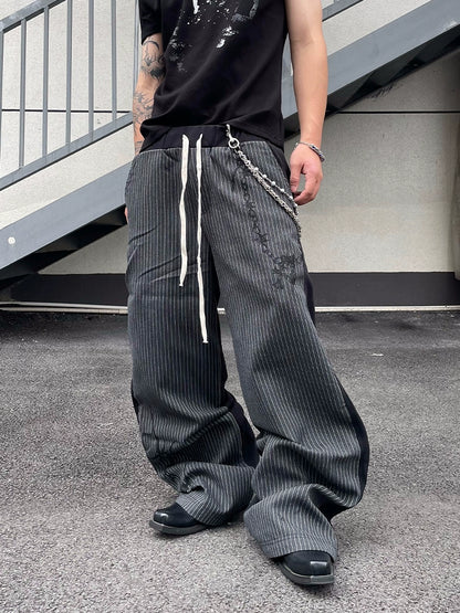 Striped Patchwork Design Vintage Style Wide Leg Pants WN18842