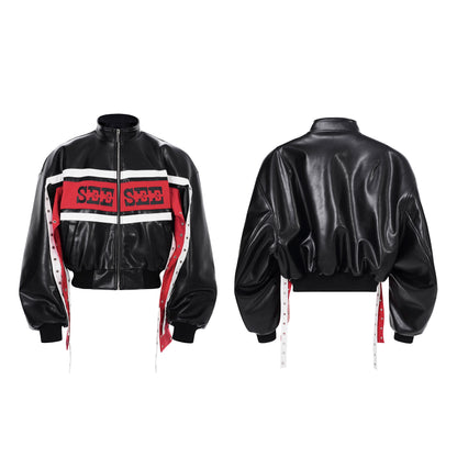 Contrast Ribbon Stand Neck PU Leather Jacket & Contrast PU Leather Flare Pants Setup WN22646