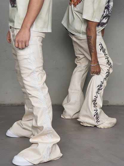 Waxed Embroidery Flare Stacked Denim Jeans WN21006
