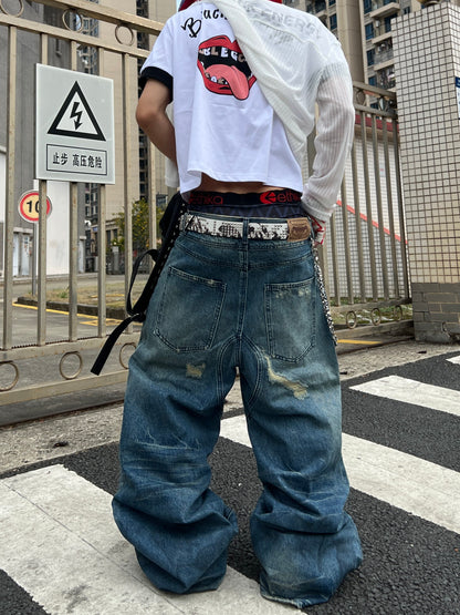 Damage Washed Wide Leg Denim Jeans WN24070