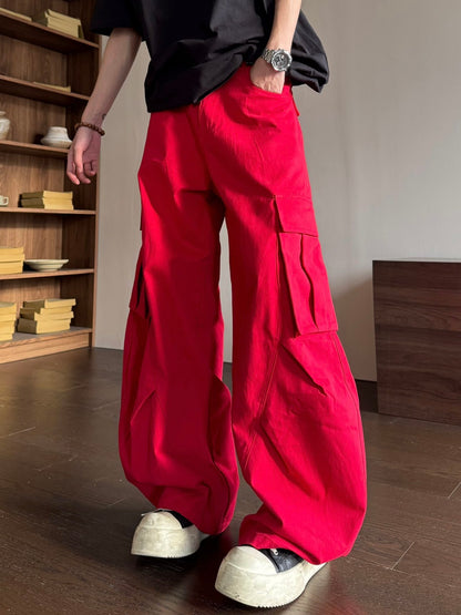 Red Denim Curved Wide Leg Cargo Pants WN23153