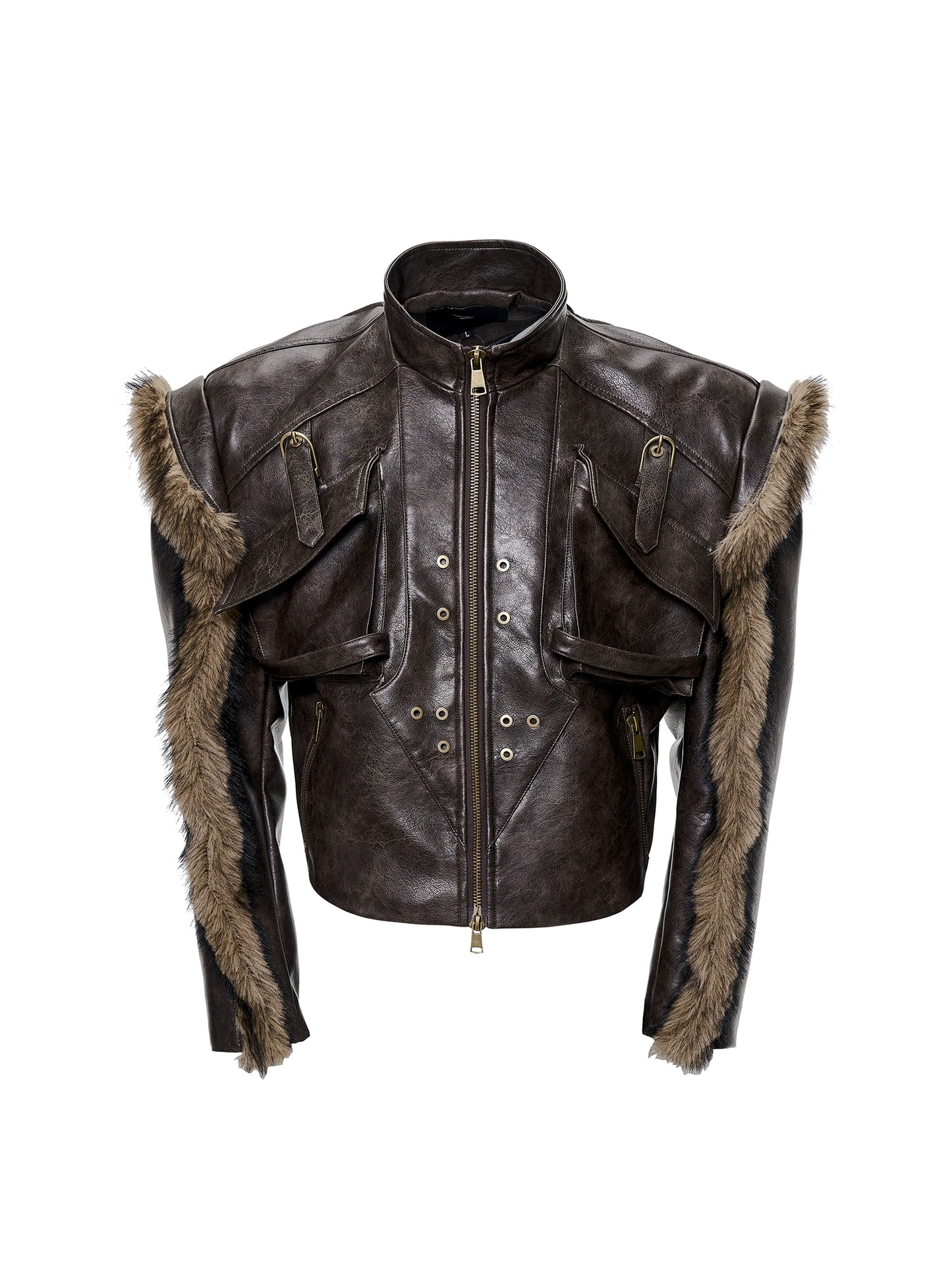 Washed Zipper Fake Fur Patchwork PU Leather Short Jacket WN21825