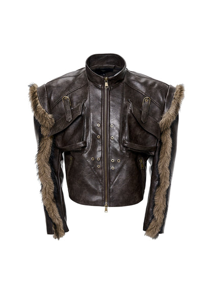 Washed Zipper Fake Fur Patchwork PU Leather Short Jacket WN21825