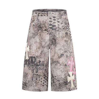 Camo Cross Graphic Denim Shorts WN25614