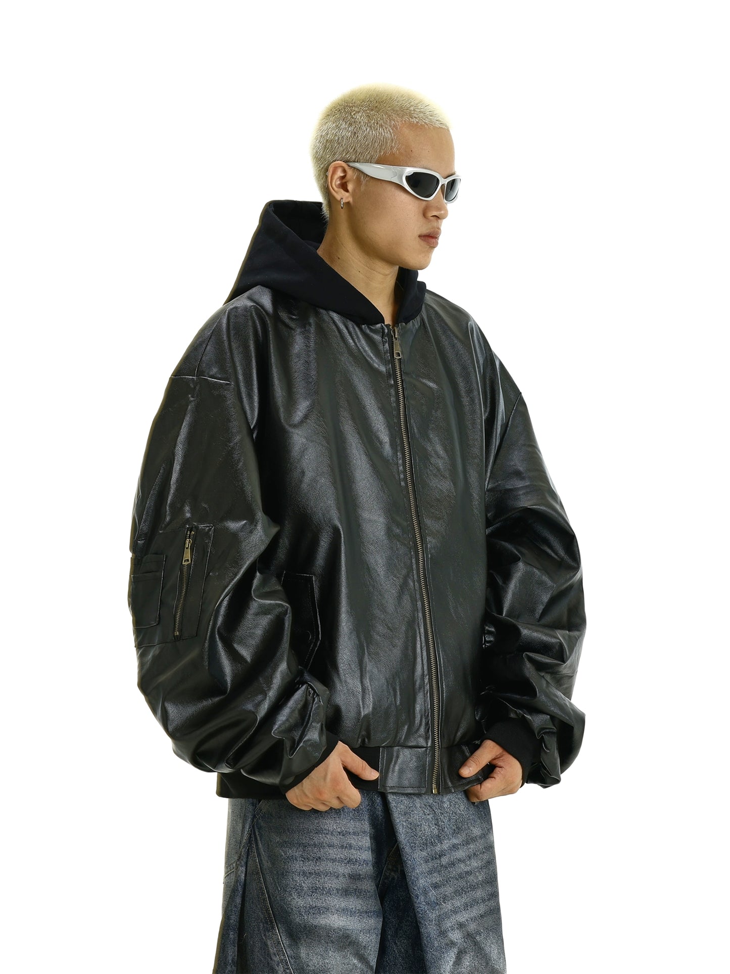 Hooded PU Leather Short Windproof Bomber Jacket WN10611