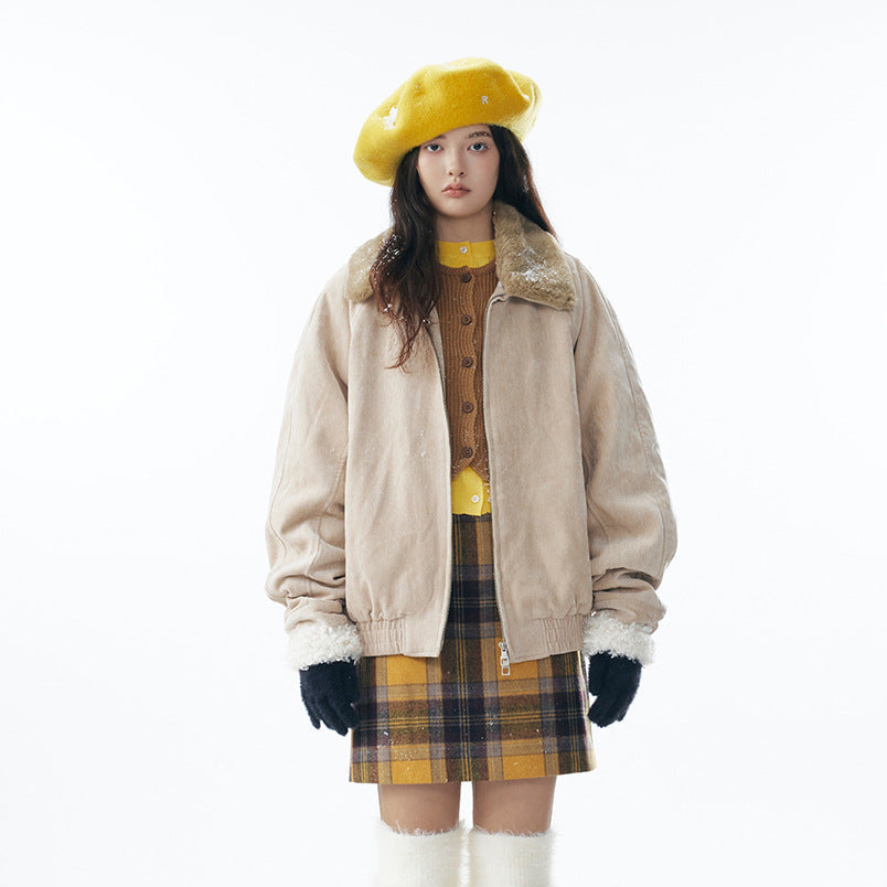 Fake Fur Collar Suede Puffer Jacket WN21906