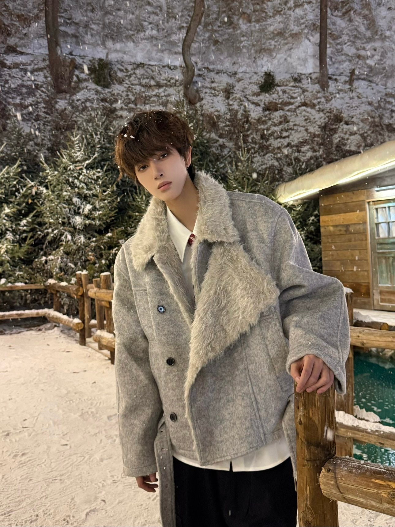 Fake Fur Collar Double Breasted Oversize Jacket WN23156