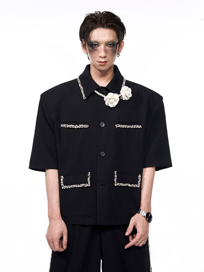 Rhinestone Short Sleeve Shirt Jacket & Rhinestone Slit Flare Trousers Setup WN16581