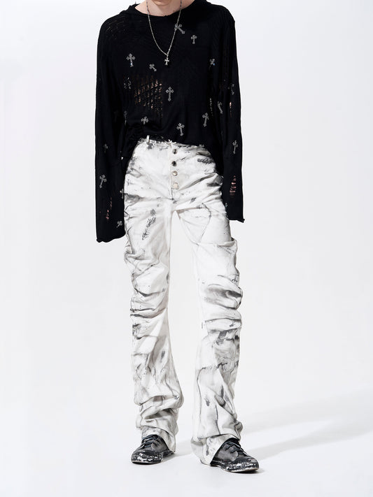 Tie-Dye Pleats Stacked Denim Jeans WN23279