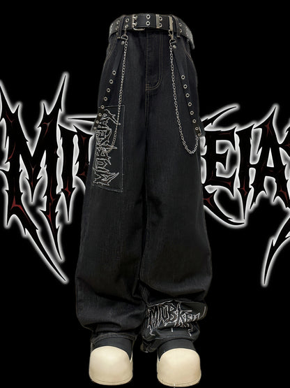 Graphic Letter Patchwork Wide Leg Denim Jeans & Belt & Chain WN20137