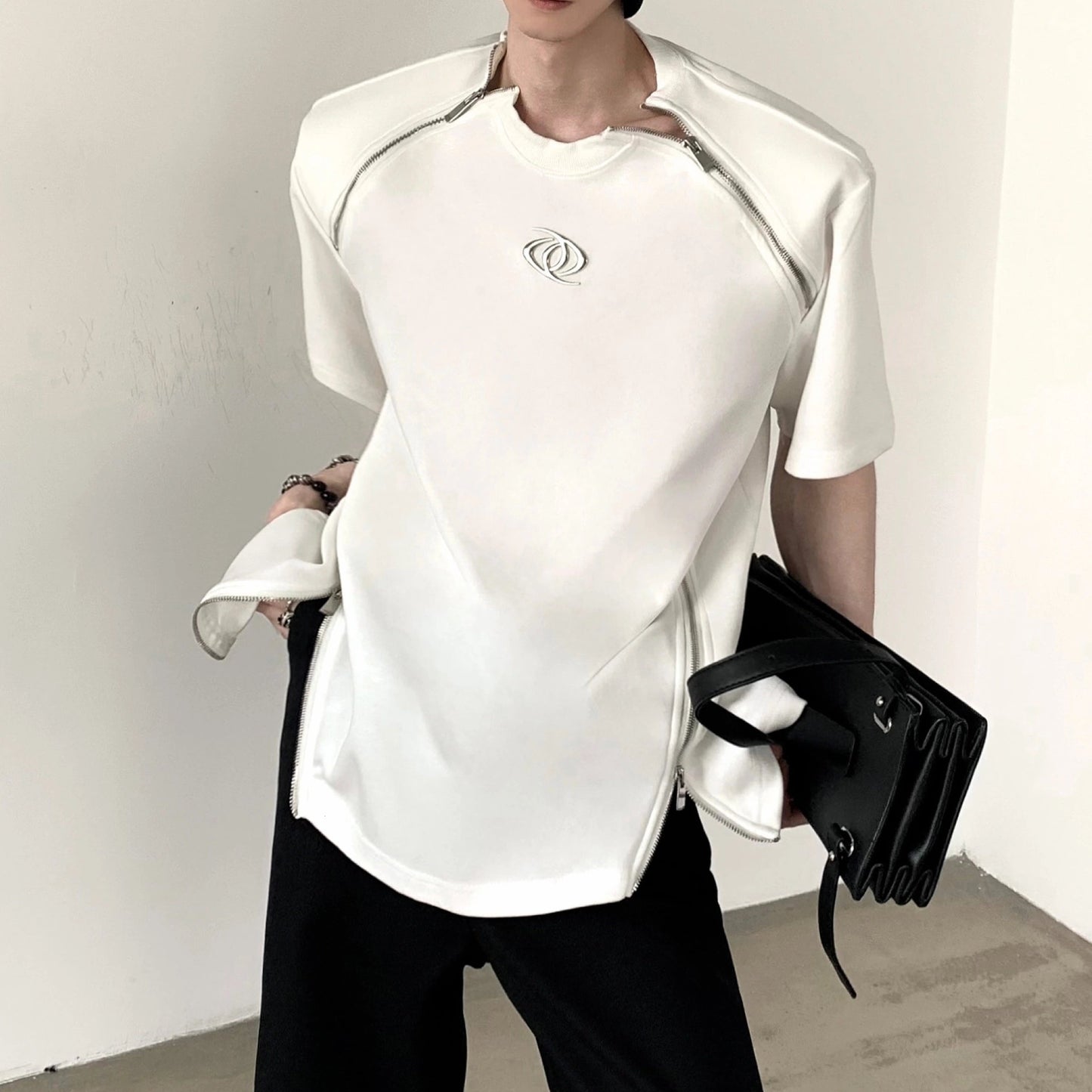 Zipper Design Shoulder-pad Short Sleeve T-Shirt WN20351