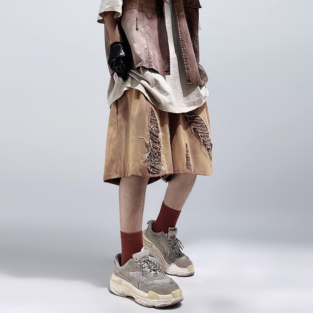 Damage Wide Leg Denim Half Jeans WN24008