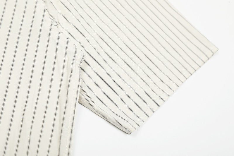 Embroidery Striped Turn-Down Collar Short Sleeve Shirt WN18537