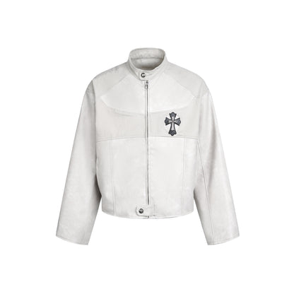 Cross Patchwork Oversize PU Leather Jacket WN23034