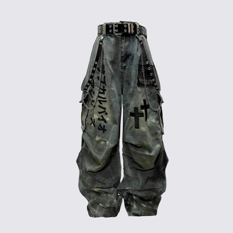 Cargo Pocket Letter Print Wide Leg Denim Jeans WN27787