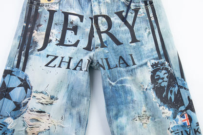 Acid Wash Fake Layered 3D Print Ripped Wide Leg Denim Jean WN27879