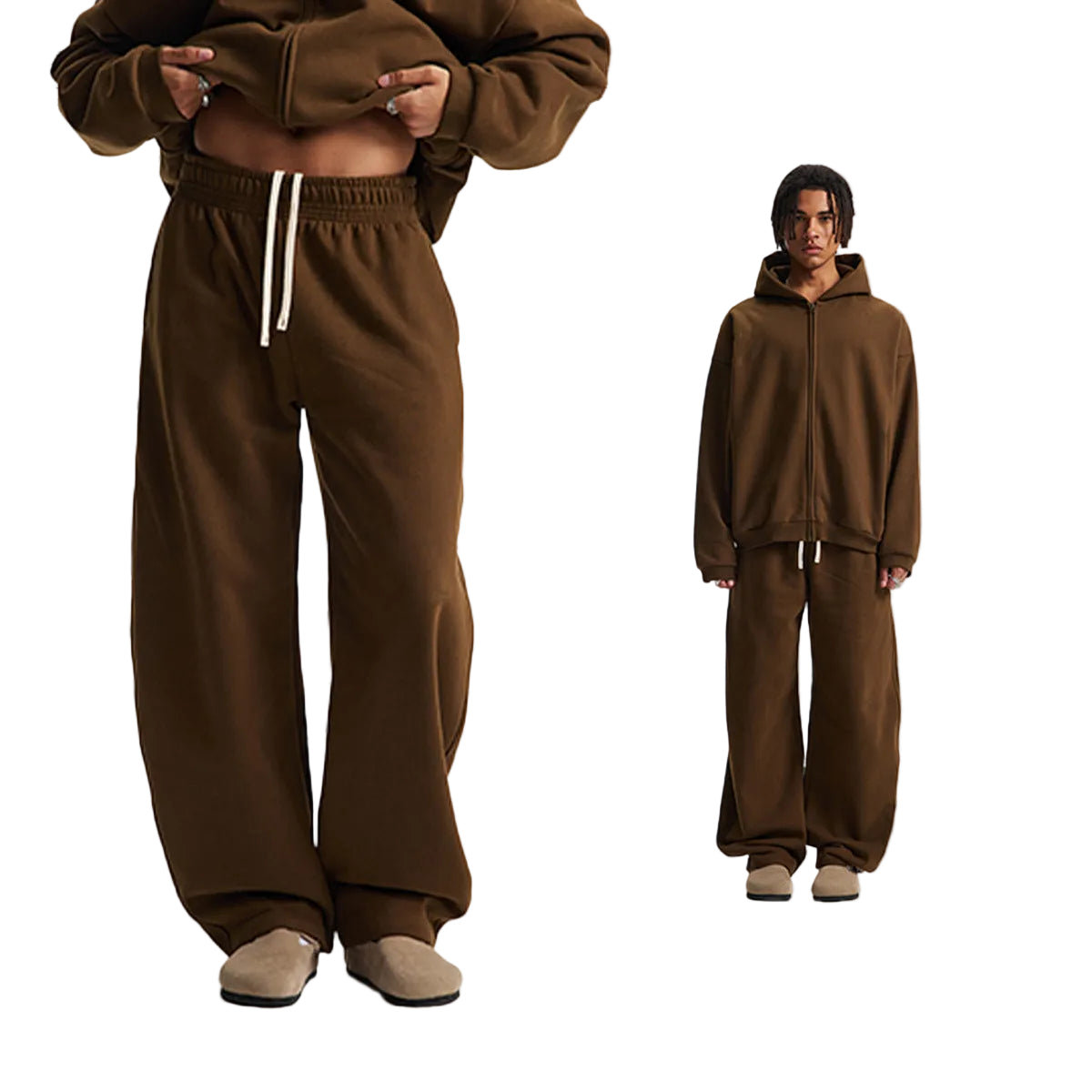 Fleece Lining Side Pocket Zipper Hoodie & Fleece Lining Wide Leg Sweatpants Setup WN23114
