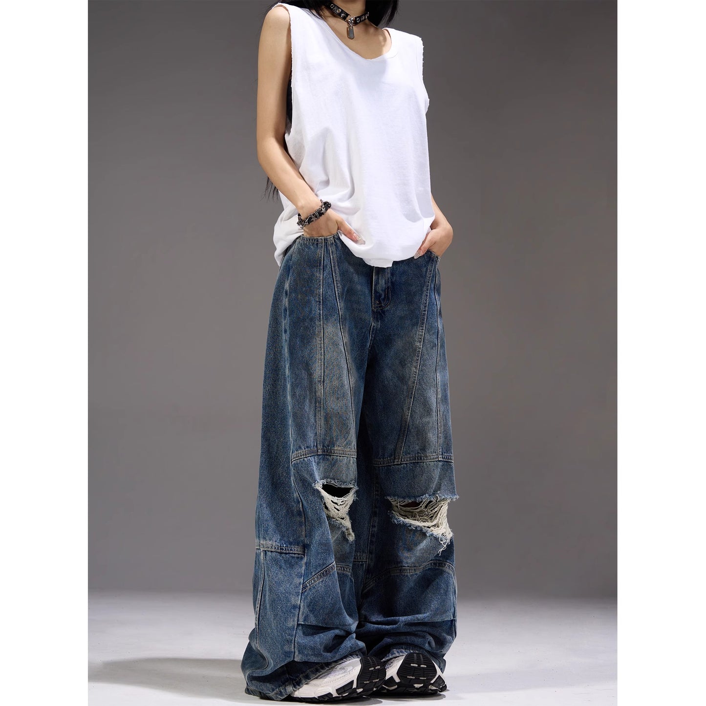 Patchwork Damage Wide-Leg Straight Denim Jeans WN7242