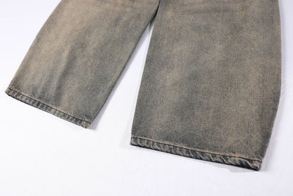 Washed Rose Embroidery Wide Leg Curved Denim Jeans WN25865