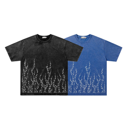 Washed Damage Rhinestone Flame Short Sleeve T-Shirt WN26922