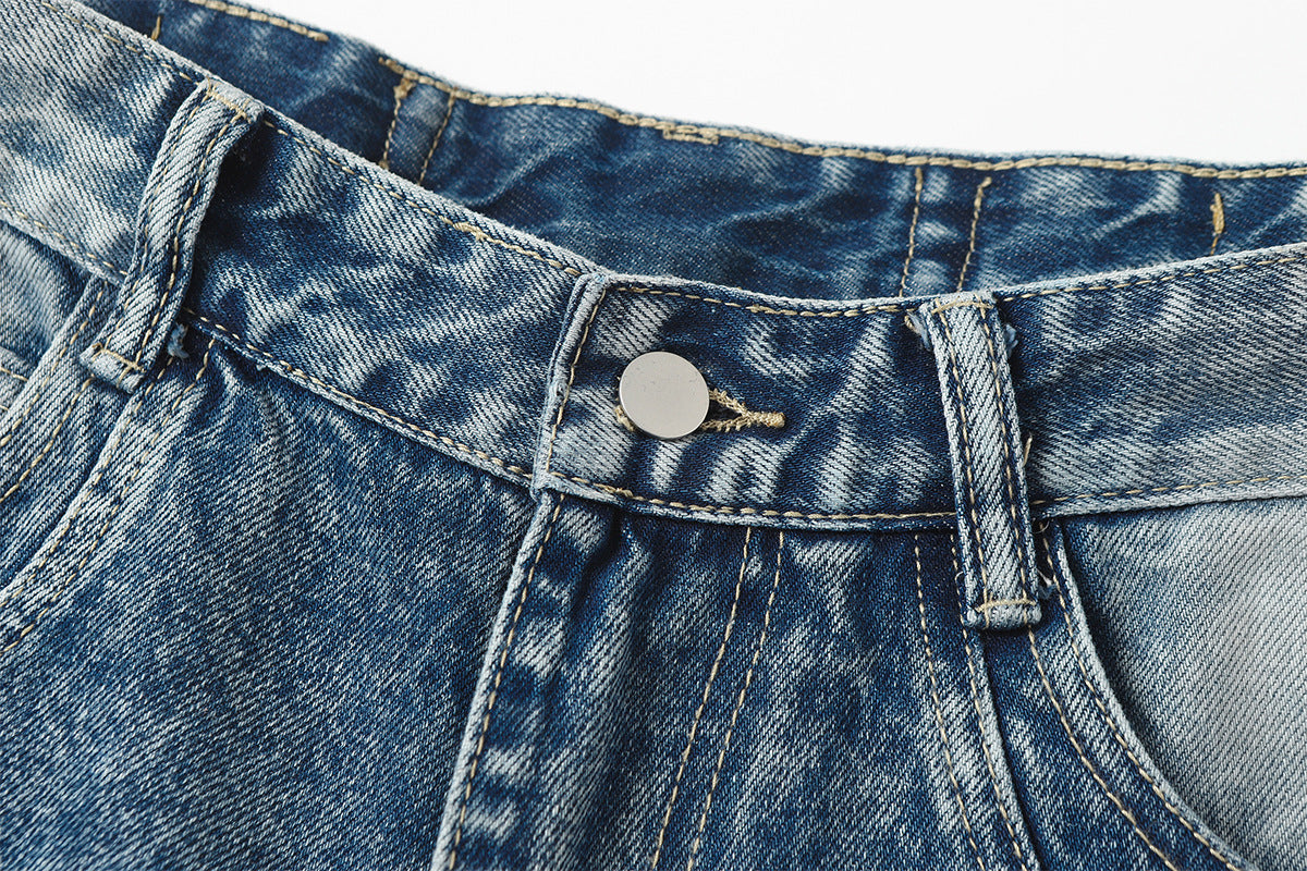 Washed Damage Splice Wide Leg Denim Jeans WN25742