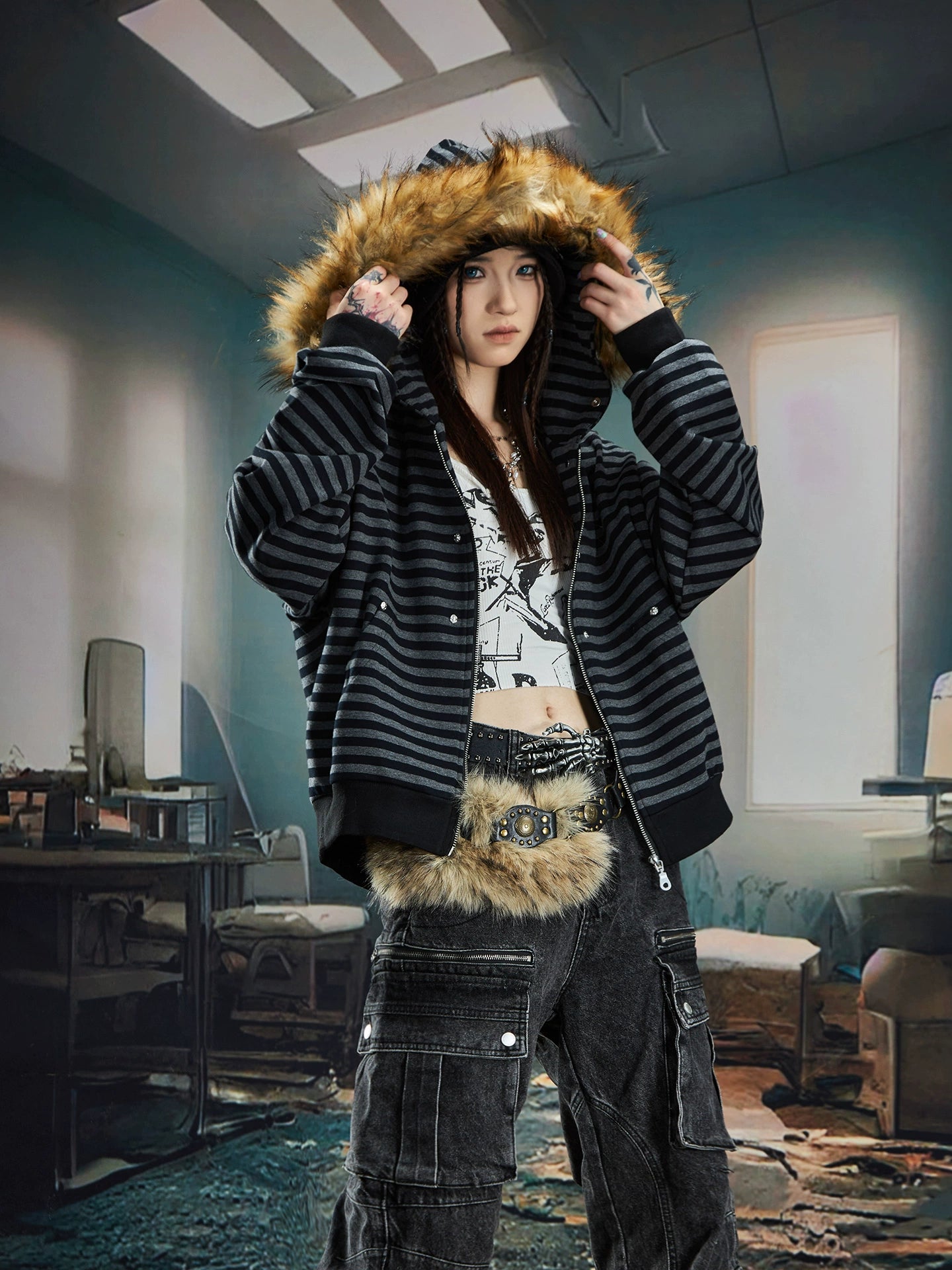 Fur Splicing Stripe Zipper Hoodie WN20591