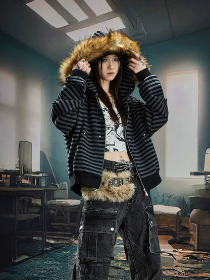 Fur Splicing Stripe Zipper Hoodie WN20591