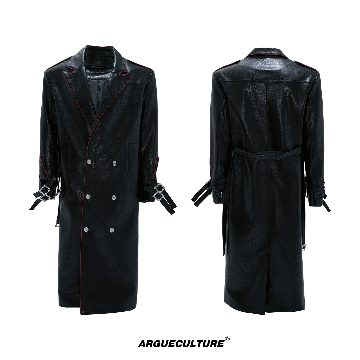 Crocodile Texture Shoulder-Pad Belted PU Leather Long Coat WN21735