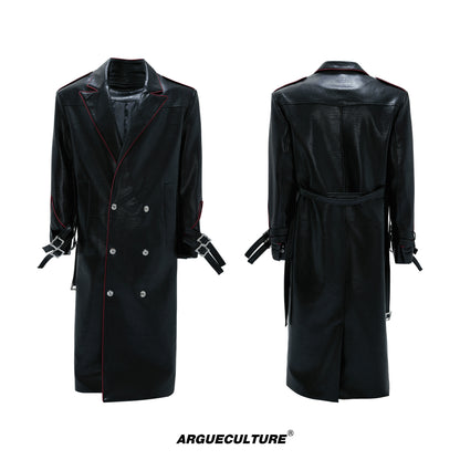 Crocodile Texture Shoulder-Pad Belted PU Leather Long Coat WN21735