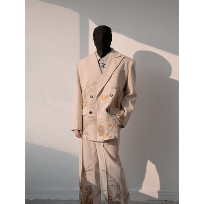 Embroidery Double-Breasted Tailored Jacket & Wide Leg Trousers Setup WN23647