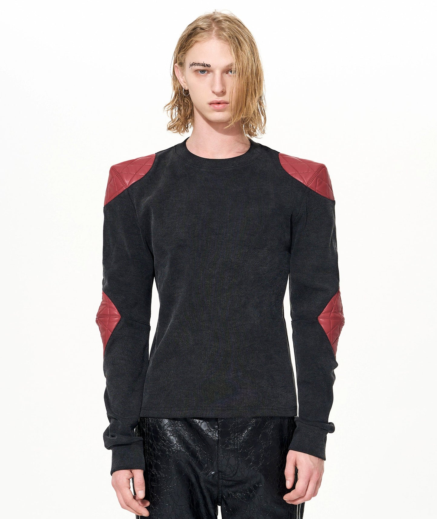 PU Leather Armor Mix Patch Damage Long Sleeve T-Shirt WN22643