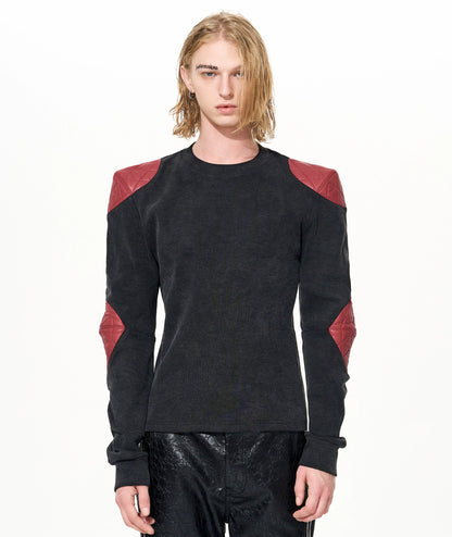 PU Leather Armor Mix Patch Damage Long Sleeve T-Shirt WN22643
