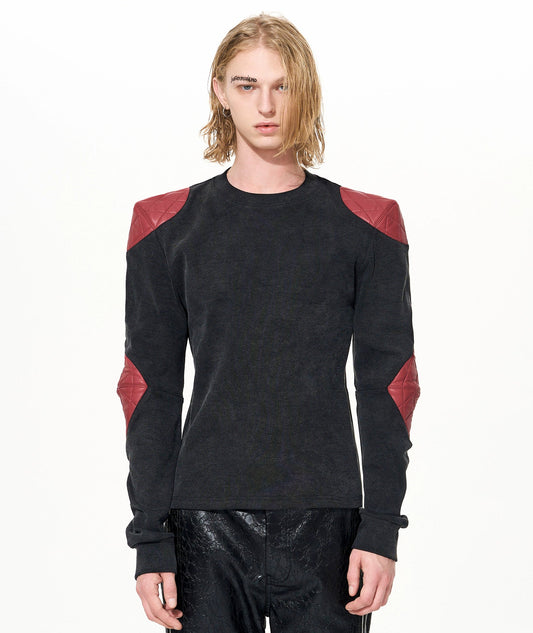 PU Leather Armor Mix Patch Damage Long Sleeve T-Shirt WN22643