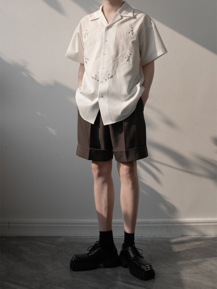 Floral Embroidery Open Collar Short Sleeve Shirt WN23614