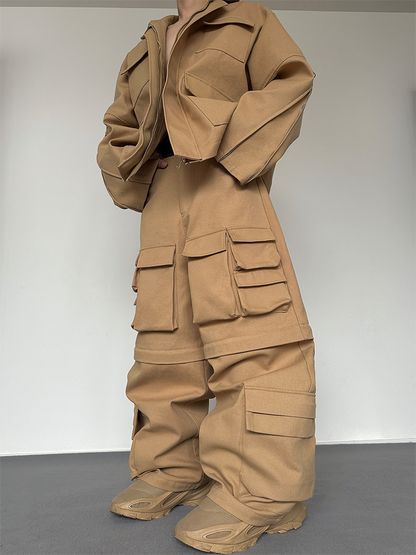 Heavyweight Canvas Oversize Jacket & Detachable Wide-Leg Cargo Pants Setup WN15149