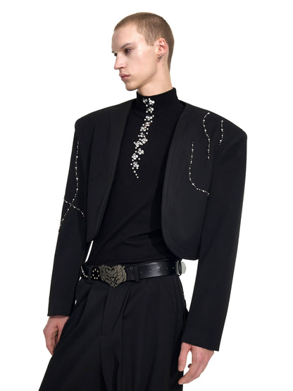 Collarless Shoulder-Pad Rhinestone Tailored Jacket & Rhinestone Trousers Setup WN20924