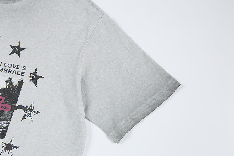 Washed Portrait Letter Print Short Sleeve T-Shirt WN25399