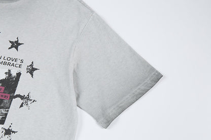 Washed Portrait Letter Print Short Sleeve T-Shirt WN25399